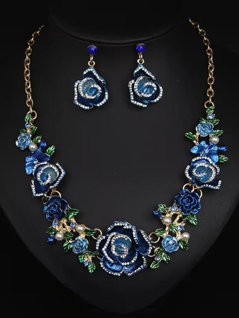 Gold-Tone Blue Floral Statement Necklace with Earrings - Picture 2 of 3